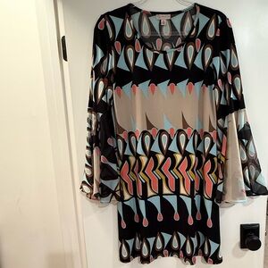 Geometric Patterned Dress with Bell Sleeves